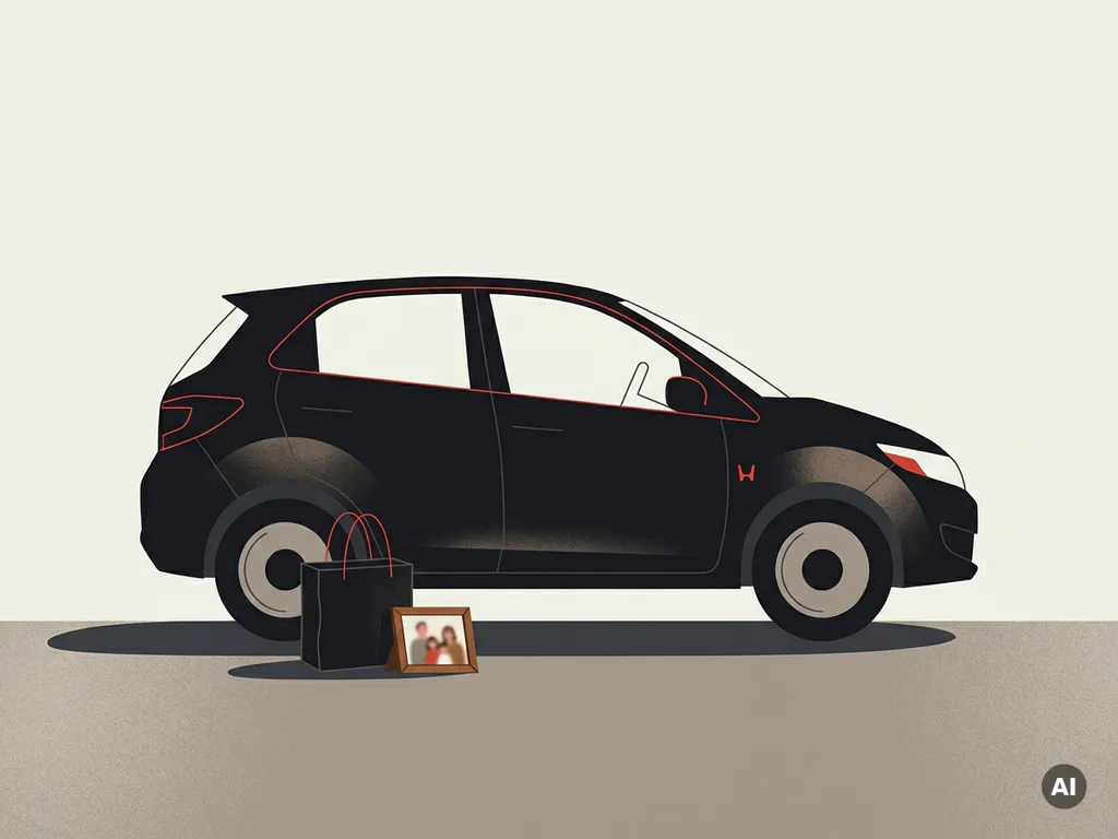 Honda hatchback in zijaanzicht, geparkeerd naast boodschappentas en familiefoto op rustige crèmekleurige achtergrond
