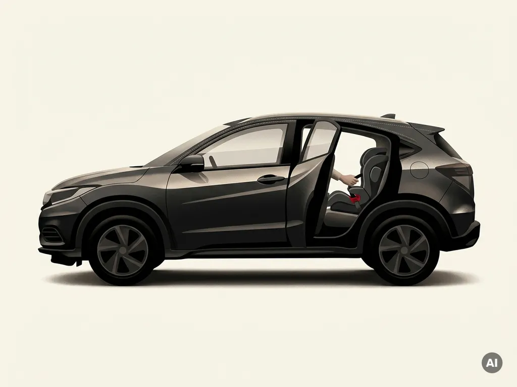Honda HR-V zijaanzicht met open achterdeur; hand plaatst kinderzitje met rode vergrendeling, minimalistische illustratie