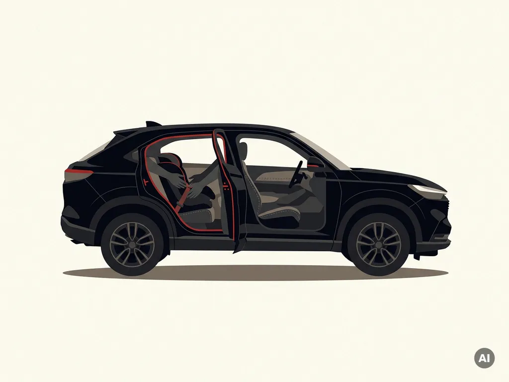 Honda HR-V zijaanzicht met open achterdeur, kinderzitje wordt geplaatst door twee handen, minimalistische illustratie