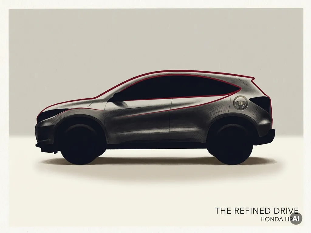 Honda HR-V zijaanzicht silhouet in zwart met rode accentlijn, minimalistische illustratie op crèmekleurige achtergrond