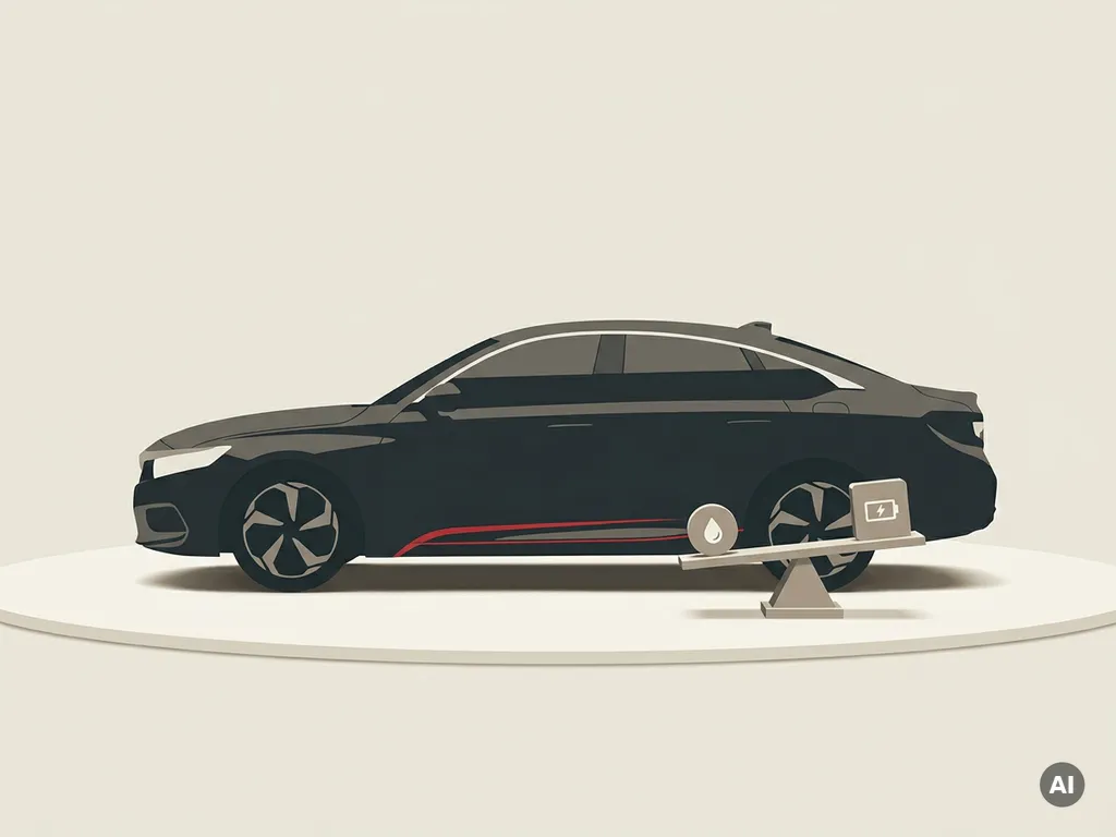 Honda hybride auto zijaanzicht in zwart met rode lijn, naast weegschaal met brandstof- en batterijtoken op crèmekleurige studiovloer