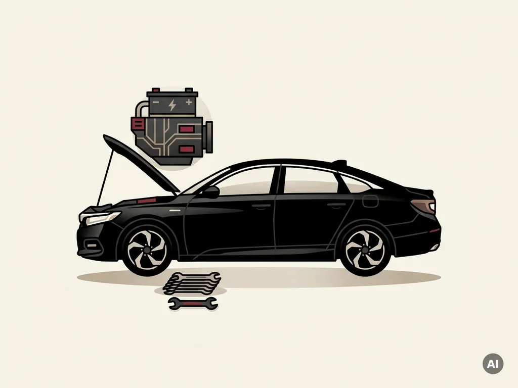Honda hybride auto silhouet met open motorkap, zichtbare batterij en motor, gereedschap en moersleutel op crème achtergrond