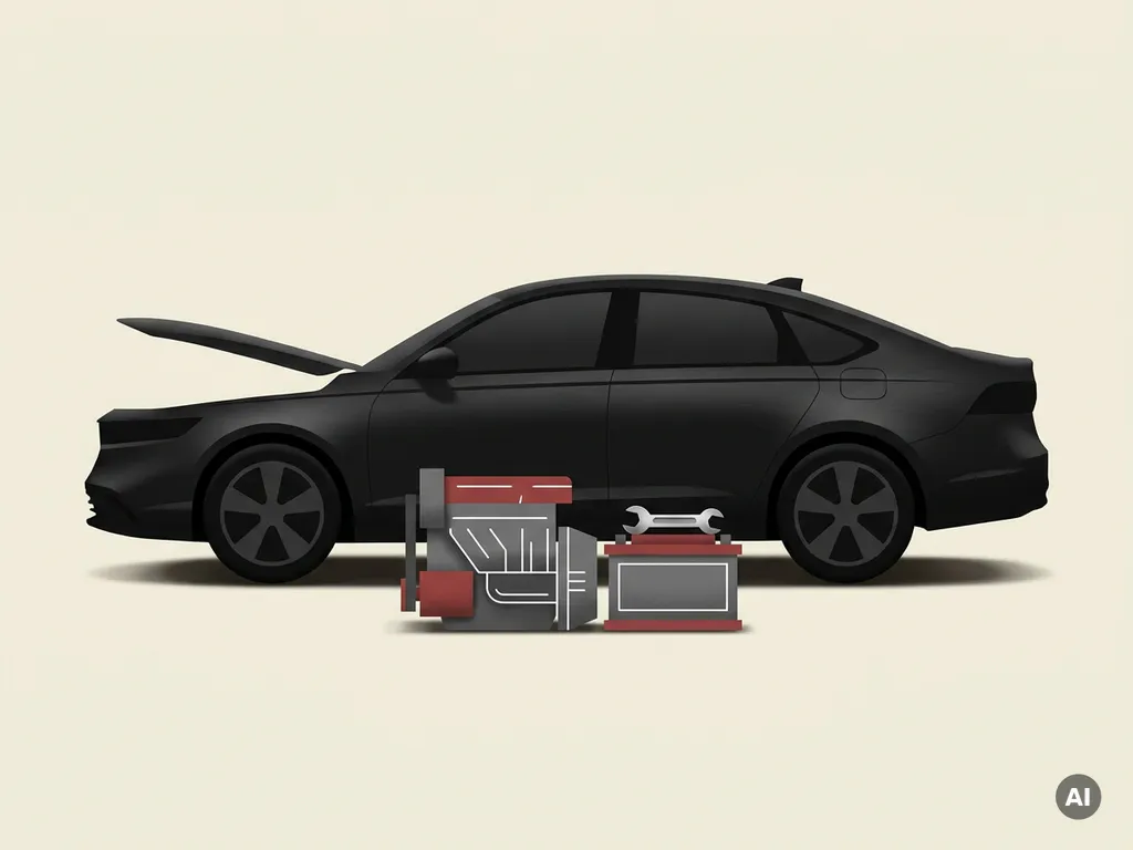 Honda hybride auto-icoon in zijaanzicht met open motorkap, batterij en sleutel op crèmekleurige achtergrond
