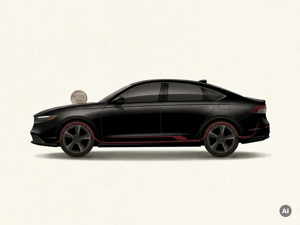 Zwarte Honda hybride zijaanzicht met rode energielijnen en tax token op de motorkap, minimalistische studio-illustratie