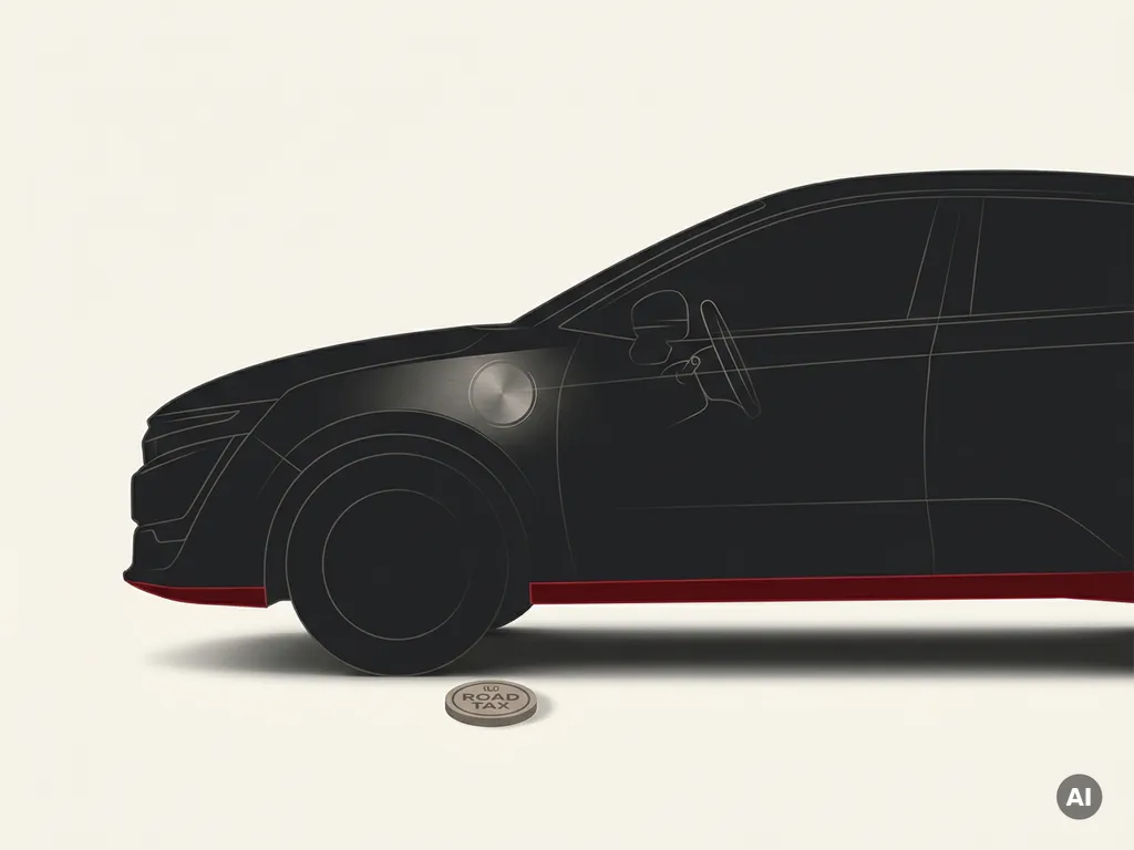 Minimalistische Honda hybride zijaanzicht-silhouet in zwart met rode accentlijn, op crèmekleurige ondergrond met wegenbelastingmunt.