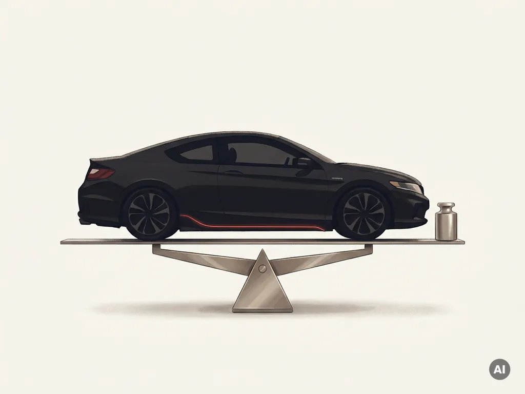 Zwarte Honda hybride auto silhouet op premium bureaweegschaal met rode accentlijn, minimalistische studio-achtergrond
