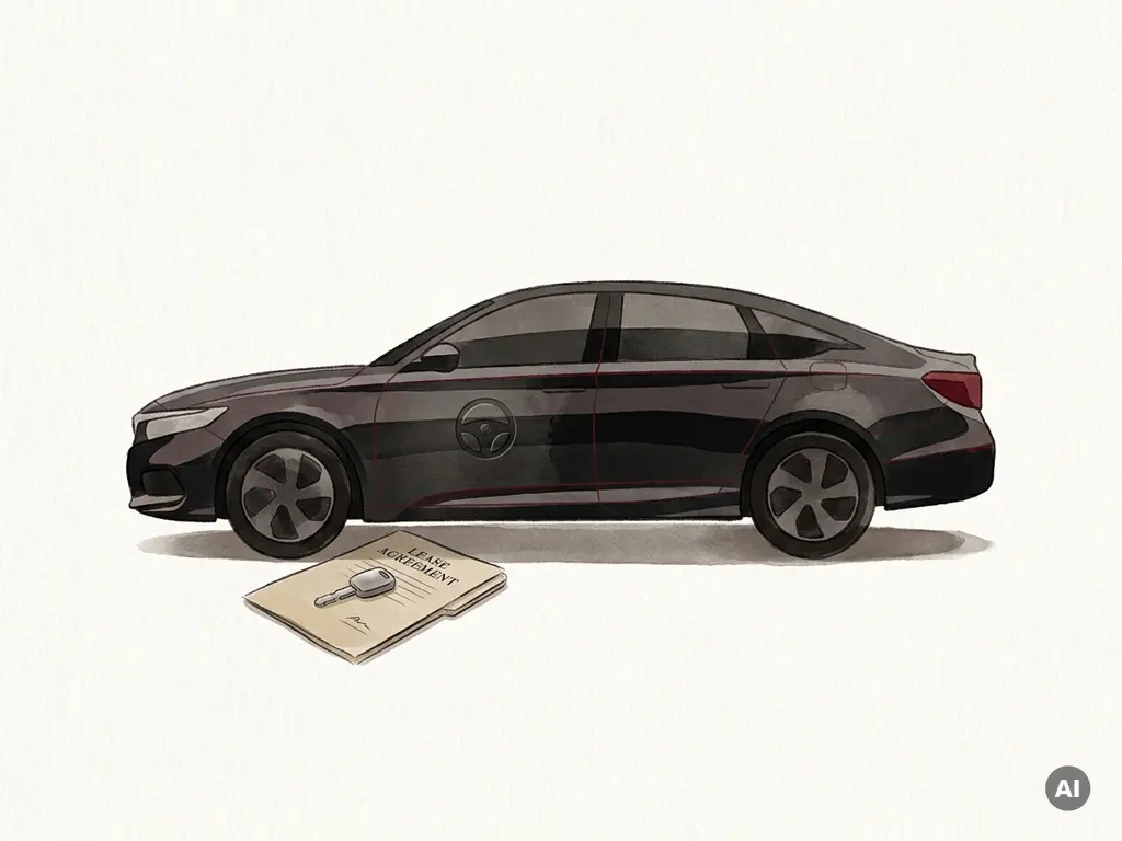 Honda auto zijaanzicht silhouet met leasecontractmap onder het voorwiel en sleutel, minimalistische illustratie op crème achtergrond